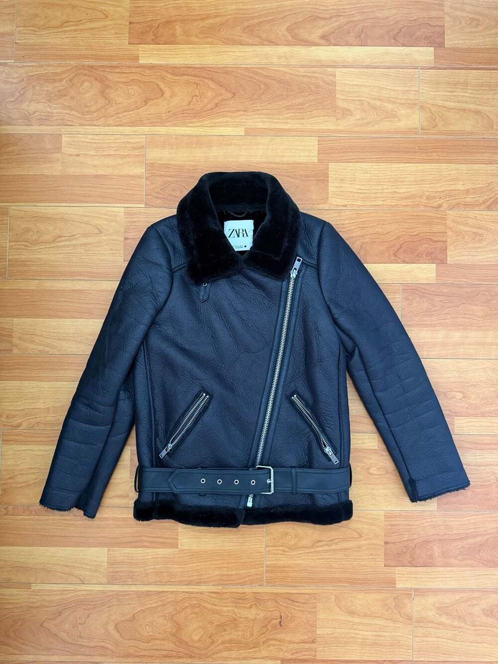 Zara Black Faux Leather Biker Jacket with Faux Fur Trim and Belt, Size XS